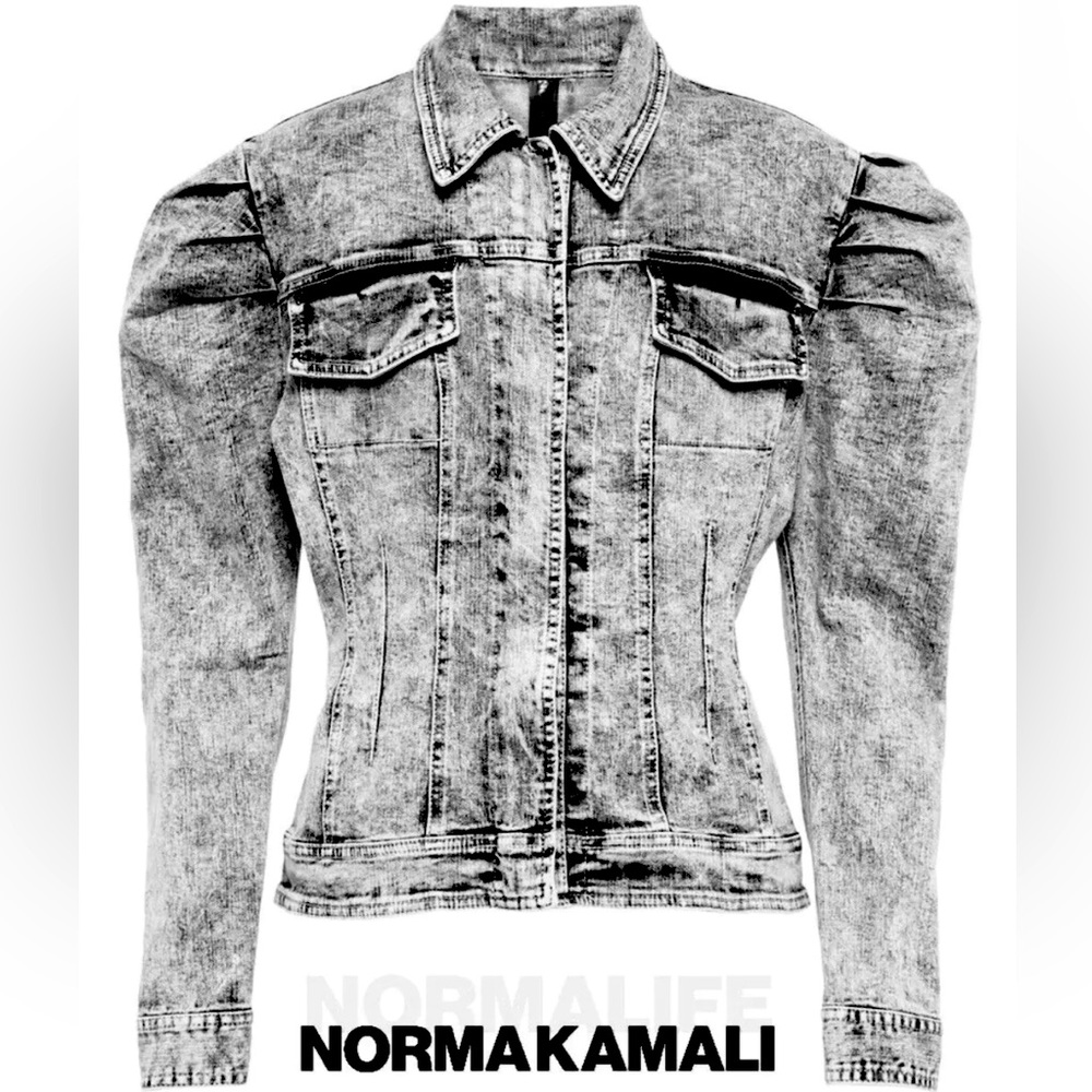 Norma Kamali Pleated Sleeve Jean Jacket Black Acid Wash Denim Puff Shoulder 8 LG